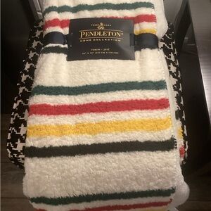 Beautiful Pendleton Cream Throw with Red, Green, Yellow & Black Stripes